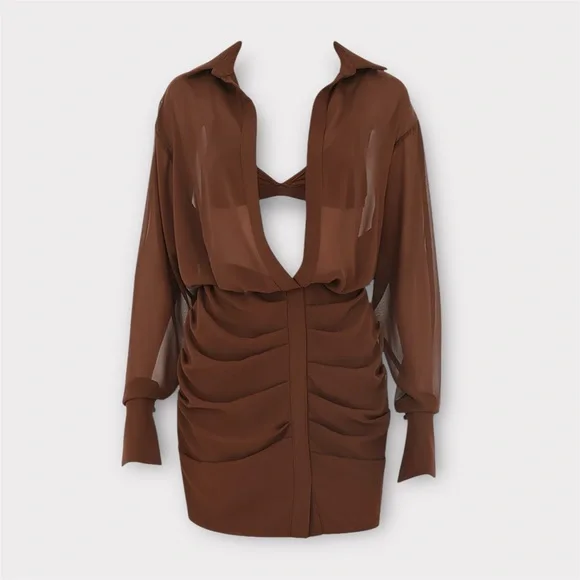HOUSE of CB Small NWT CLEO Chocolate Chiffon Shirt Dress - Picture 2 of 16